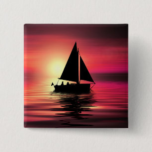 Badge Carré 5 Cm Coucher de soleil, Bateau, Mer avec Arrière - plan