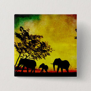 Badge Carré 5 Cm Coucher de soleil des éléphants
