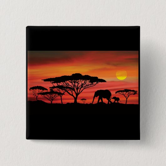 Badge Carré 5 Cm Coucher de soleil éléphant (Devant)
