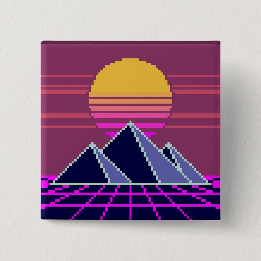 Badge Carré 5 Cm Coucher de soleil Synthwave sur les pyramides pixe (Devant)