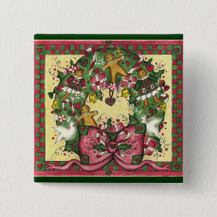 Badge Carré 5 Cm Couronne de Noël au pain d'épices Bouton