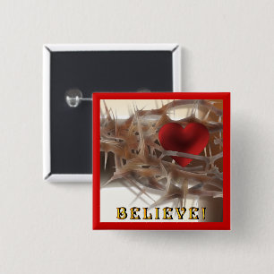 Badge Carré 5 Cm Couronne d'épines et bouton du coeur