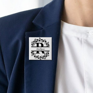 Badge Carré 5 Cm Couronne florale noire moderne avec monogramme "R"