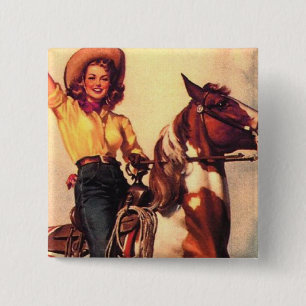 Badge Carré 5 Cm Cow-girl sur son cheval