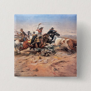 Badge Carré 5 Cm Cowboys roping un boeuf, 1897 (huile sur la toile)