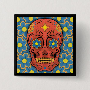 Badge Carré 5 Cm Crâne à sucre - Jour des Morts (Bleus Daisies)