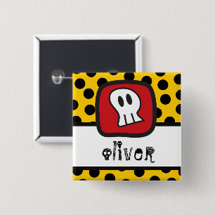 Badge Carré 5 Cm Crâne de dessin animé rouge jaune enfants Hallowee