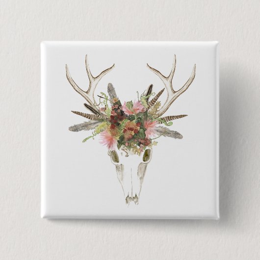 Badge Carré 5 Cm Crâne et fleurs de cerfs (Devant)