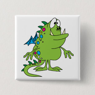 Badge Carré 5 Cm créature monstre de dragon vert mignon