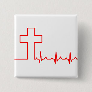 Badge Carré 5 Cm Croix des Chrétiens Battement de coeur Vie EKG ECG