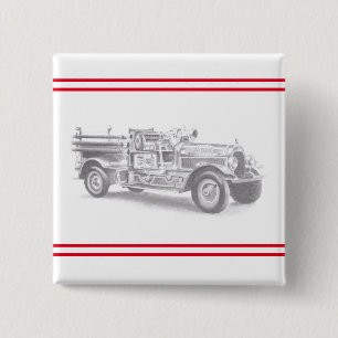 Badge Carré 5 Cm croquis au crayon de vieux camion de pompiers dess