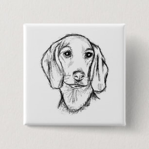 Badge Carré 5 Cm croquis de teckel dessiné à la main en noir et bla