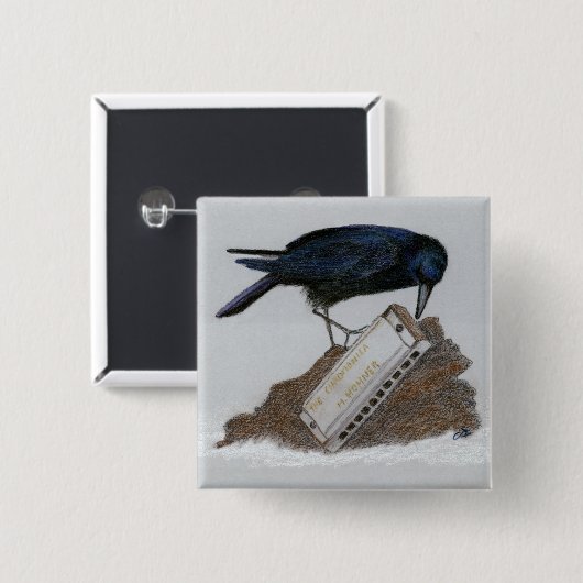 Badge Carré 5 Cm Crow and Harmonica (Devant & derrière)