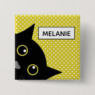 Badge Carré 5 Cm Curieux Chat Noir Polka Jaune Point Personnalisé