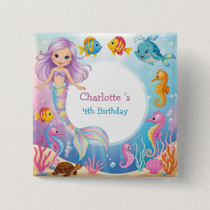 Badge Carré 5 Cm Cute arc-en-ciel mermaid poisson hippocampe Annive