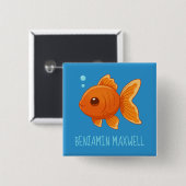 Badge Carré 5 Cm Cute Cartoon Goldfish on Blue Custom Name (Devant & derrière)