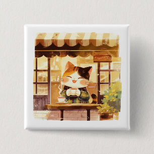 Badge Carré 5 Cm Cute Cat dégustant du café au Cosy Café