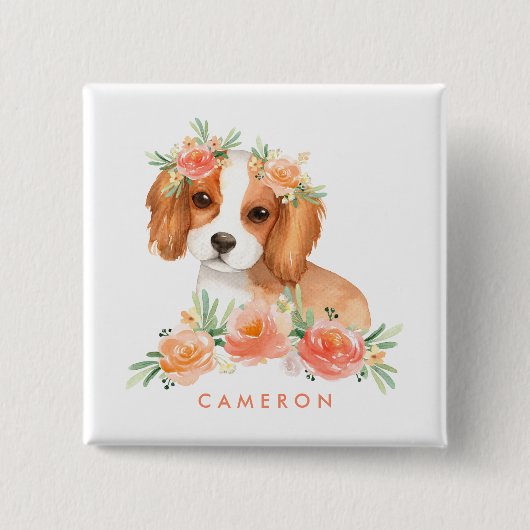 Badge Carré 5 Cm Cute Cavalier King Charles Spaniel Orange Floral (Devant)
