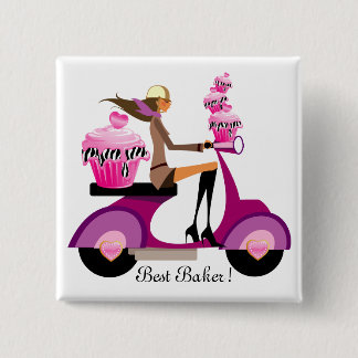 Badge Carré 5 Cm Cute Cupcake Scooter Girl Button rose Zebra