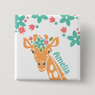 Badge Carré 5 Cm Cute Giraffe avec Flower Crown Personalised
