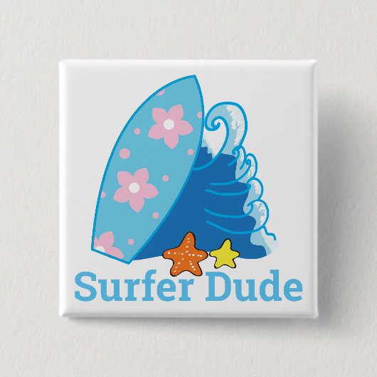 Badge Carré 5 Cm Cute Little Surfer Dude Surfboard et Wave (Devant)