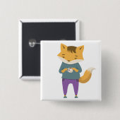 Badge Carré 5 Cm Cute renard avec tasse de thé (Devant & derrière)