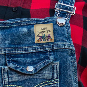 Badge Carré 5 Cm Cute Skeleton Animaux et Halloween Citrouille