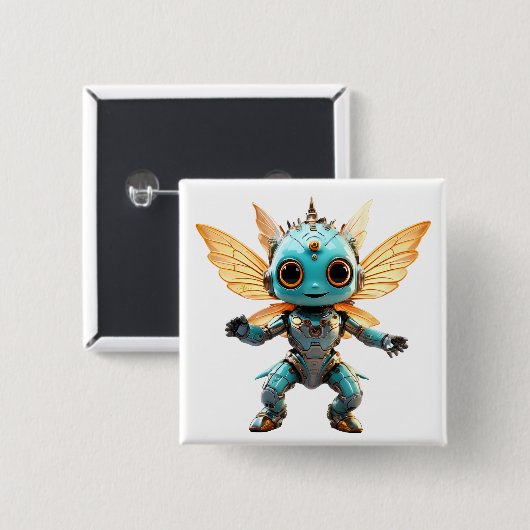 Badge Carré 5 Cm Cute Turquoise Dancing Robot Pixie (Devant & derrière)