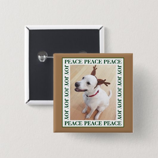 Badge Carré 5 Cm Cute White Reindeer Puppy Dog Peace Joy Brown (Devant & derrière)