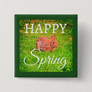 Badge Carré 5 Cm Cute Wild Rabbit Photo Dark Green Happy Spring