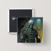 Badge Carré 5 Cm Cyborg Skeleton Futuriste Science-Fiction (Devant & derrière)