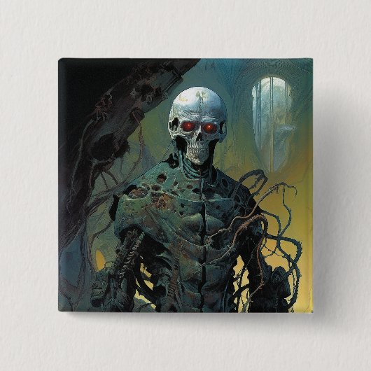 Badge Carré 5 Cm Cyborg Skeleton Futuriste Science-Fiction (Devant)