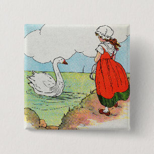 Badge Carré 5 Cm Cygne, Cygne au-dessus de la mer Mère Goose Nurser