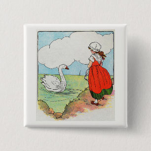 Badge Carré 5 Cm Cygne, Cygne au-dessus de la mer Mère Goose Nurser