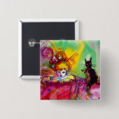 Badge Carré 5 Cm DAME AVEC CHAT NOIR /Mardi Gras Masquerade Party (Devant & derrière)