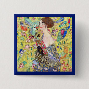 Badge Carré 5 Cm Dame avec ventilateur par Gustav Klimt, Japonisme