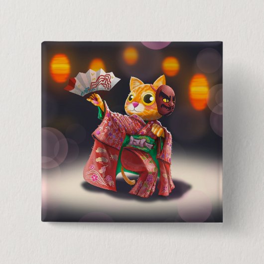 Badge Carré 5 Cm Danseur de chat japonais en costume traditionnel (Devant)