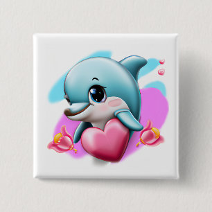 Badge Carré 5 Cm Dauphin de bébé mignon avec le coeur de Valentine