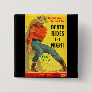 Badge Carré 5 Cm Death Rides La nuit couverture du livre de l'ouest