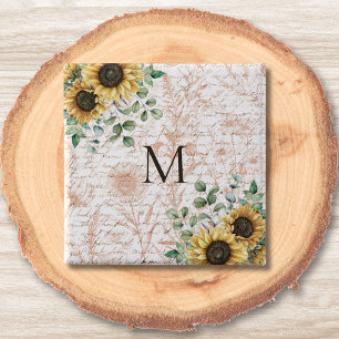 Badge Carré 5 Cm Découpage de tournesol rustique vintage monogrammé