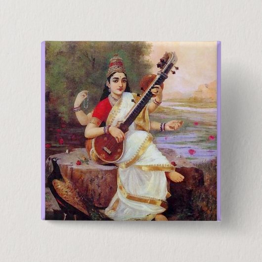 Badge Carré 5 Cm Déesse indoue Saraswati (Devant)