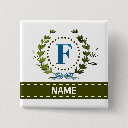 Badge Carré 5 Cm Délicat Ivy Wreath and Bow Name avec Monogramme F (Devant)