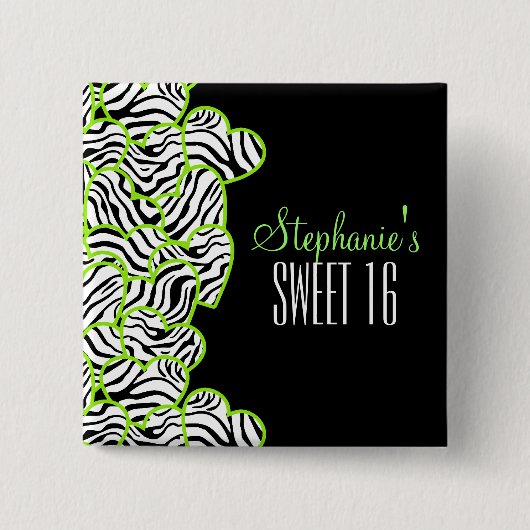 Badge Carré 5 Cm Design élégant Green Sweet 16 Zebra Heart Design N (Devant)
