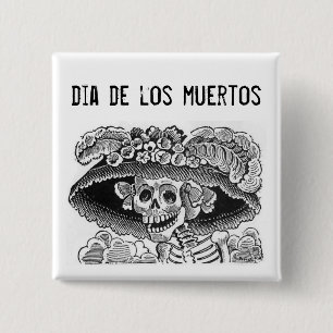 Badge Carré 5 Cm Dia de los muertos La Catrina Button