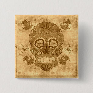 Badge Carré 5 Cm Dia de los muertos -- Sepia Sugar Skull Button