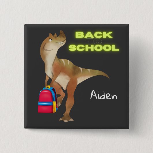 Badge Carré 5 Cm Dinosaure convivial avec sac à dos "Retour à l'éco (Devant)