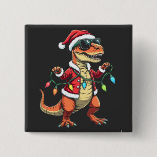 Badge Carré 5 Cm Dinosaure enveloppé de lumières de Noël Santa Hat