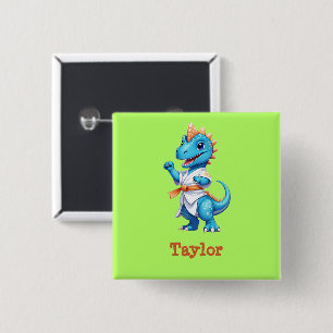 Badge Carré 5 Cm Dinosaure karaté bleu