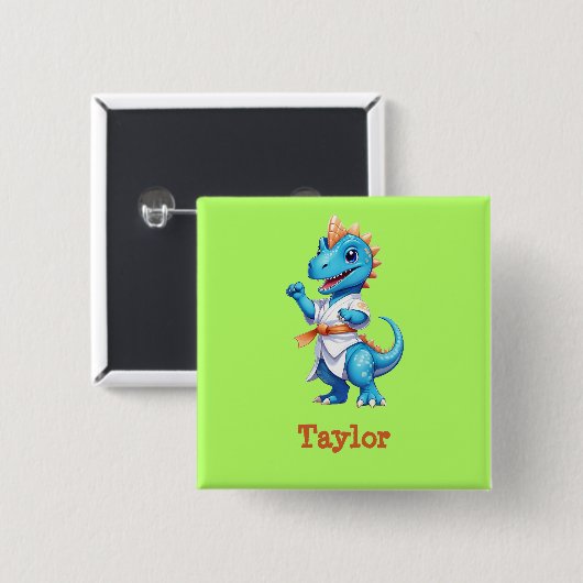 Badge Carré 5 Cm Dinosaure karaté bleu (Devant & derrière)