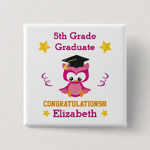 Badge Carré 5 Cm Diplômé de 5e Fuchsia et Or